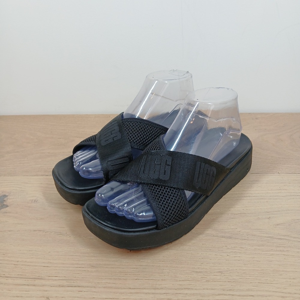 UGG Emily Slide Sandals Women's 8 Black Platform Resortwear Logo Strap Summer